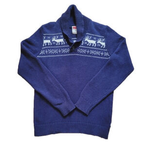LEVIS reindeer henley sweater shawl collar knit winter blue pullover M